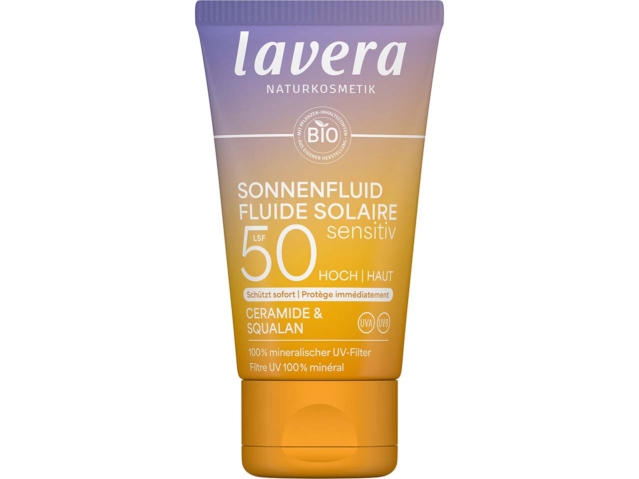 lavera Bio-Sonnenfluid, Sensitiv, LSF 50 mit Ceramide und Squalan, 40 ml