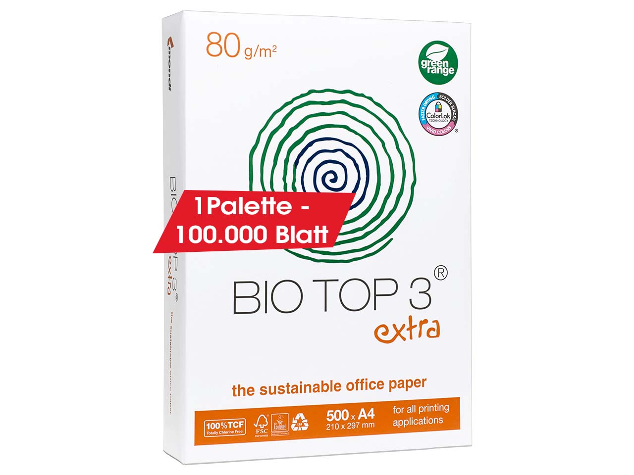 200 x 500 Blatt mondi Multifunktionales Kopierpapier "BioTop 3 extra", 80 g/m², TCF DIN A4