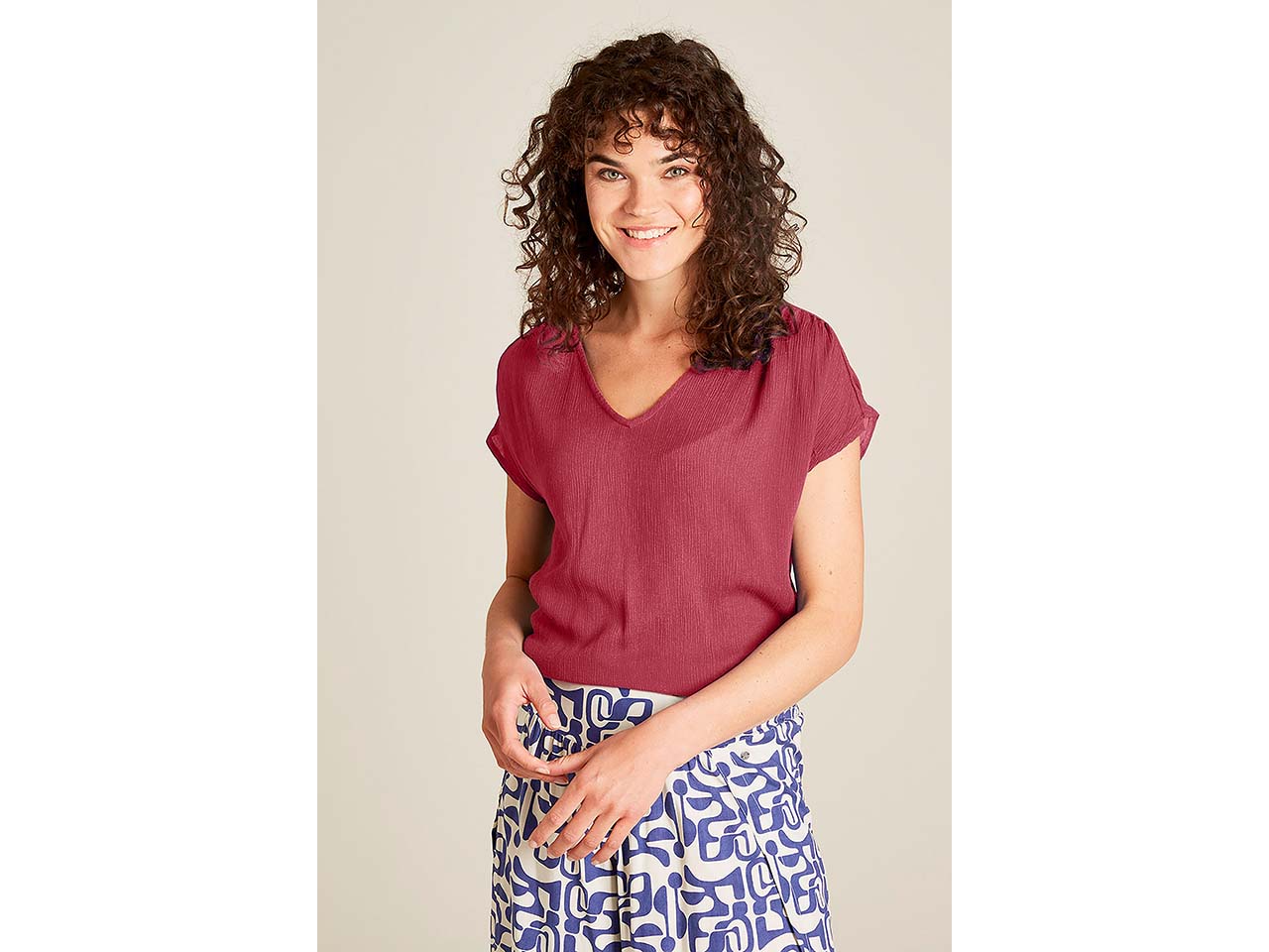 tranquillo Damen-T-Shirt mit dezenten Raffungen, rose wine, Gr. 36