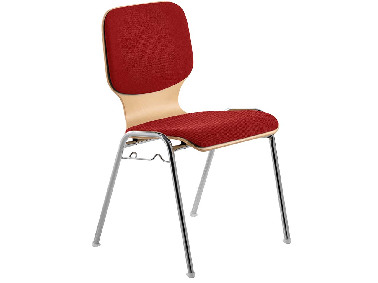 Besucherstuhl "2116" Buche lackiert, Gestell verchromt, Sitz und Rückenpolster kirschrot
