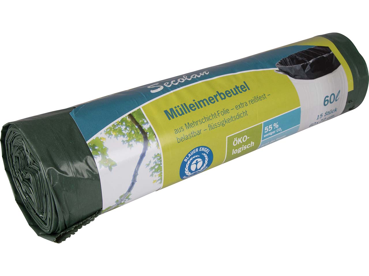 Secolan Mülleimerbeutel ohne Zugband, 60 Liter, 15 Stück,30 µ, grün/schwarz