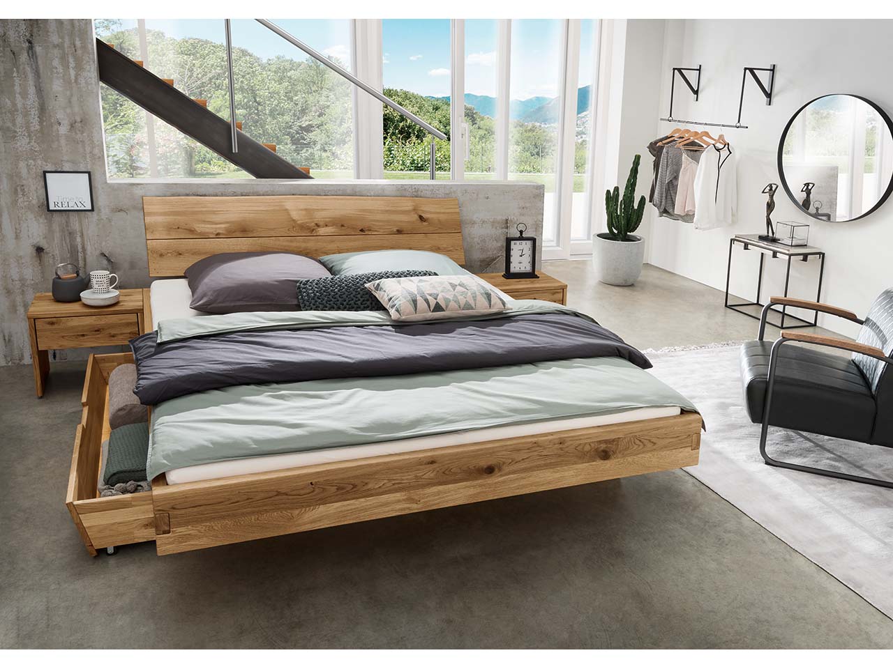 Forestales Schwebe-Massivholzbett "Navarra" 160 x 200 cm, Kopfteil IV, Eiche