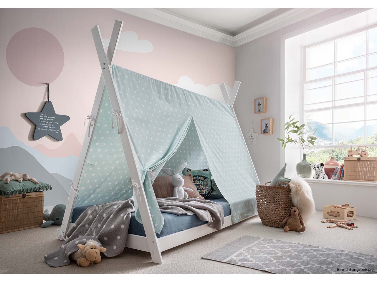 Kinderbett "Pinocchio" mit Bezug mint, Buche weiß lackiert, Tipibett