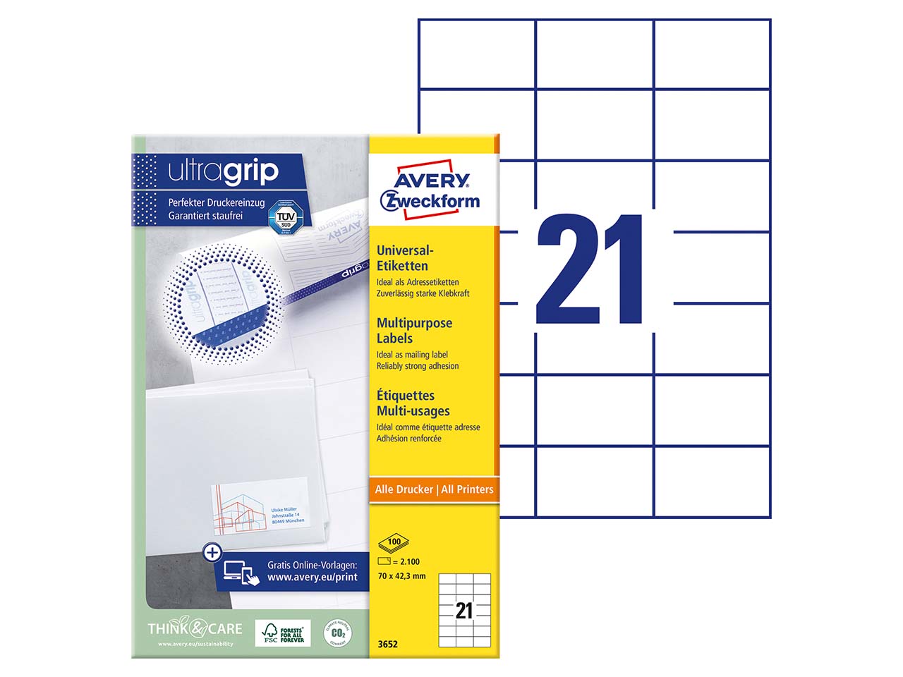 2.100 Zweckform Etiketten '3652' 70 x 42,3 mm, A4