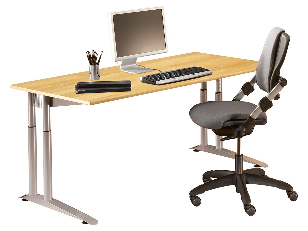 Schreibtisch "CONTACT Pure" höhenverstellbar, 160 x 80 cm, silber, Buche geölt