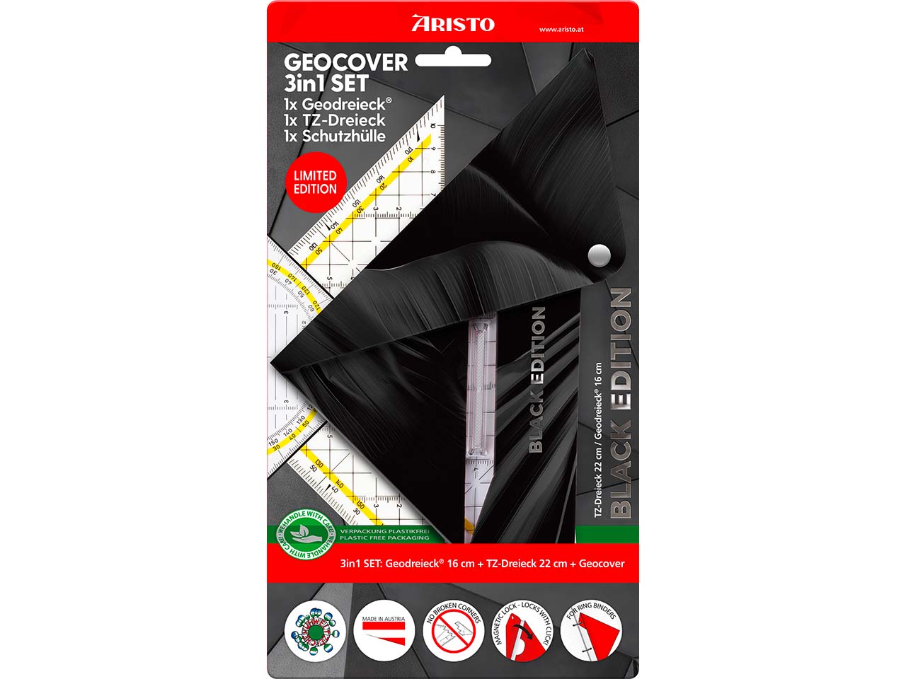 ARISTO 3er Set Geocover "Black Edition" Geodreieck® 16 cm und TZ-Dreieck 22,5 cm