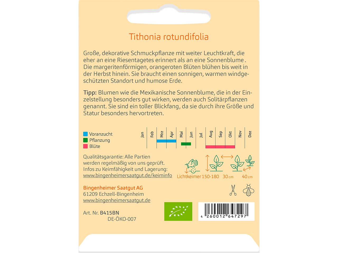 bingenheimer saatgut Bio-Samen Mexikanische Sonnenblume, Bienenfreundlich, 1 Stk.