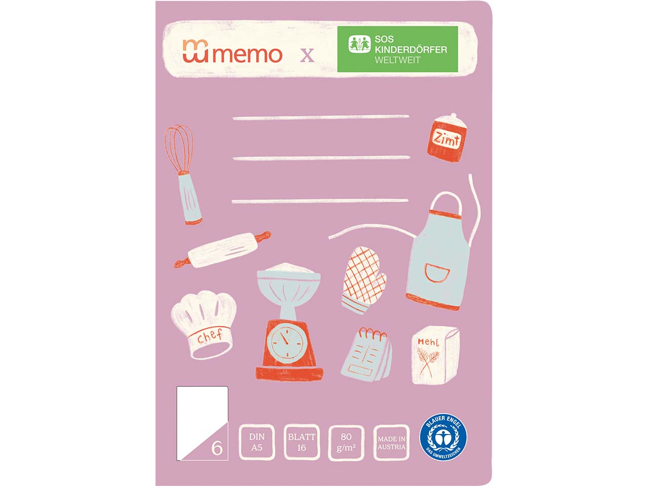 memo x SOS-Kinderdörfer weltweit Schulheft DIN A5, 16 Blatt, Lin. 6