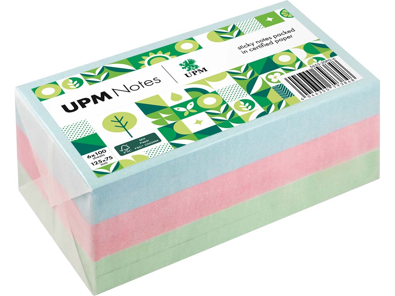 UPM Super Sticky Haftnotizen "Pastellmix" 125 x 75 mm, 6 Blöcke, farbig sortiert