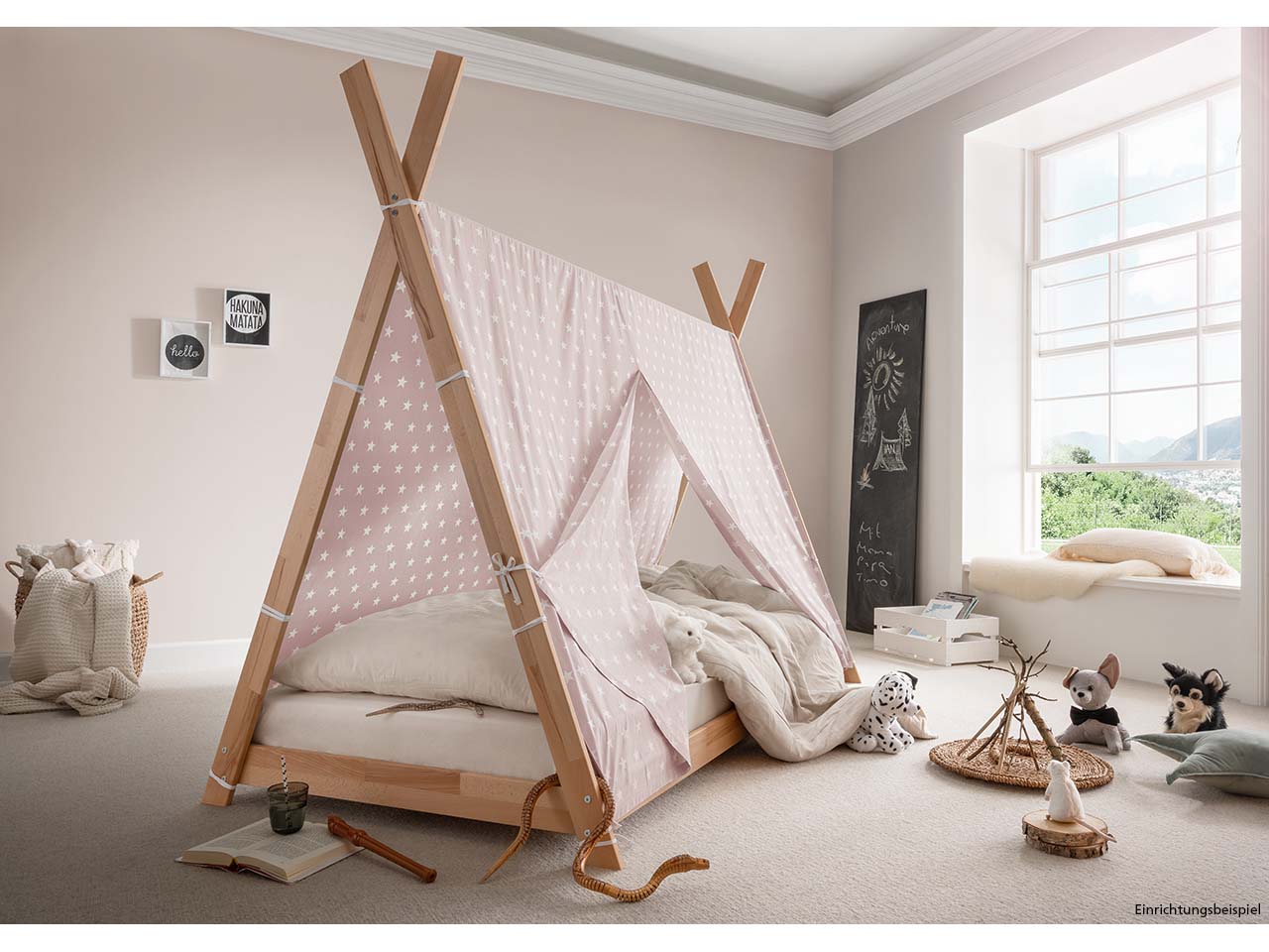 Kinderbett "Pinocchio"mit Bezug rosa, Buche geölt, Tipibett