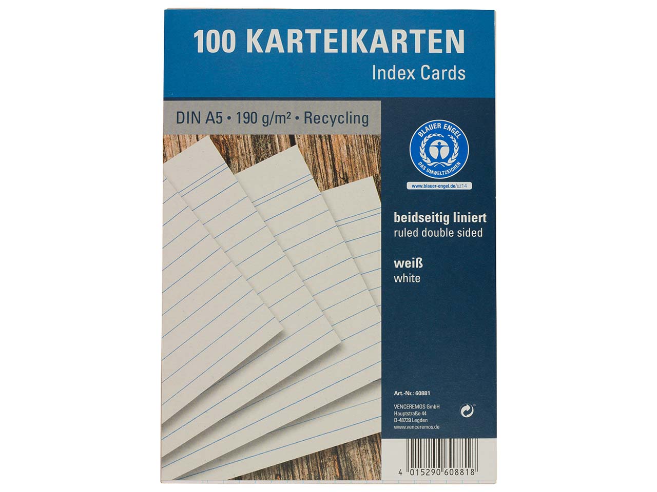 100 Karteikarten aus Recyclingkarton 190 g/m² DIN A5, weiß