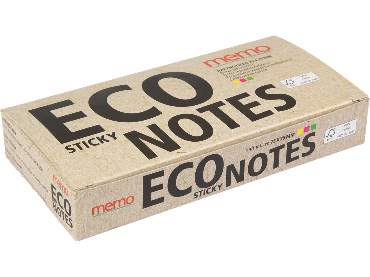 memo Haftnotizen 3 x 2 Blöcke á 80 Blatt 75 x 75 mm, gelb pink grün im Recyclingkarton