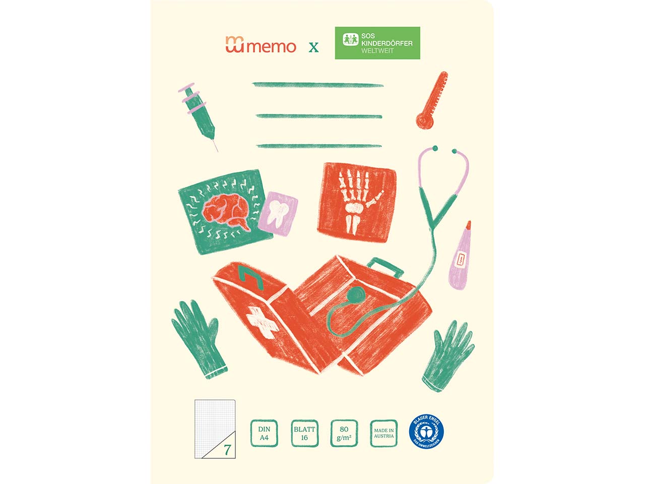 memo x SOS-Kinderdörfer weltweit Schulheft DIN A4, 16 Blatt, Lin. 7