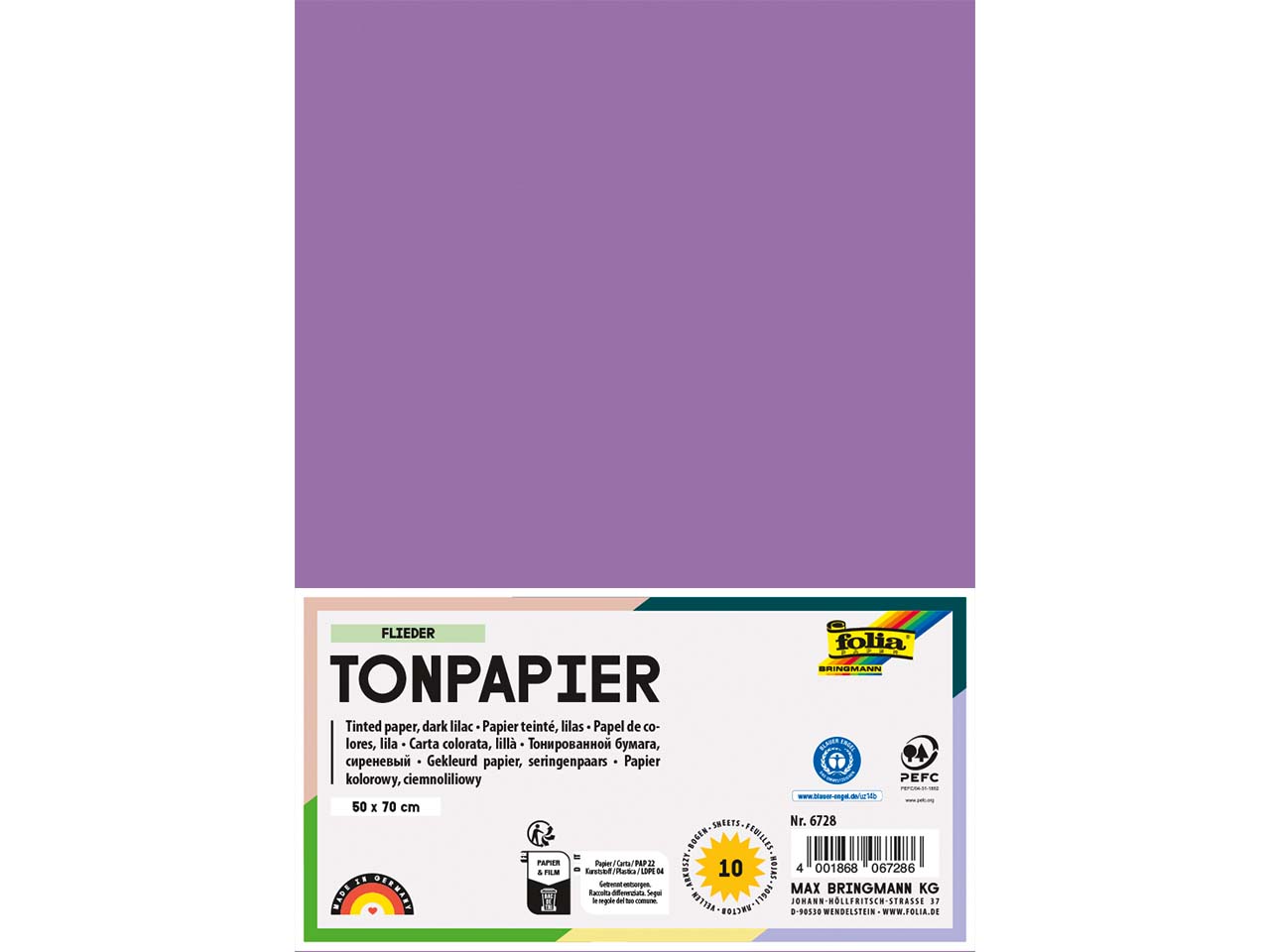 folia Tonpapier, 130 g/m², 50 x 70 cm, 10 Bogen, flieder