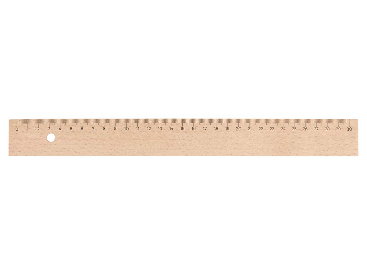 Holzlineal 30 cm aus Buchenholz mit Metalleinlage und Bohrung