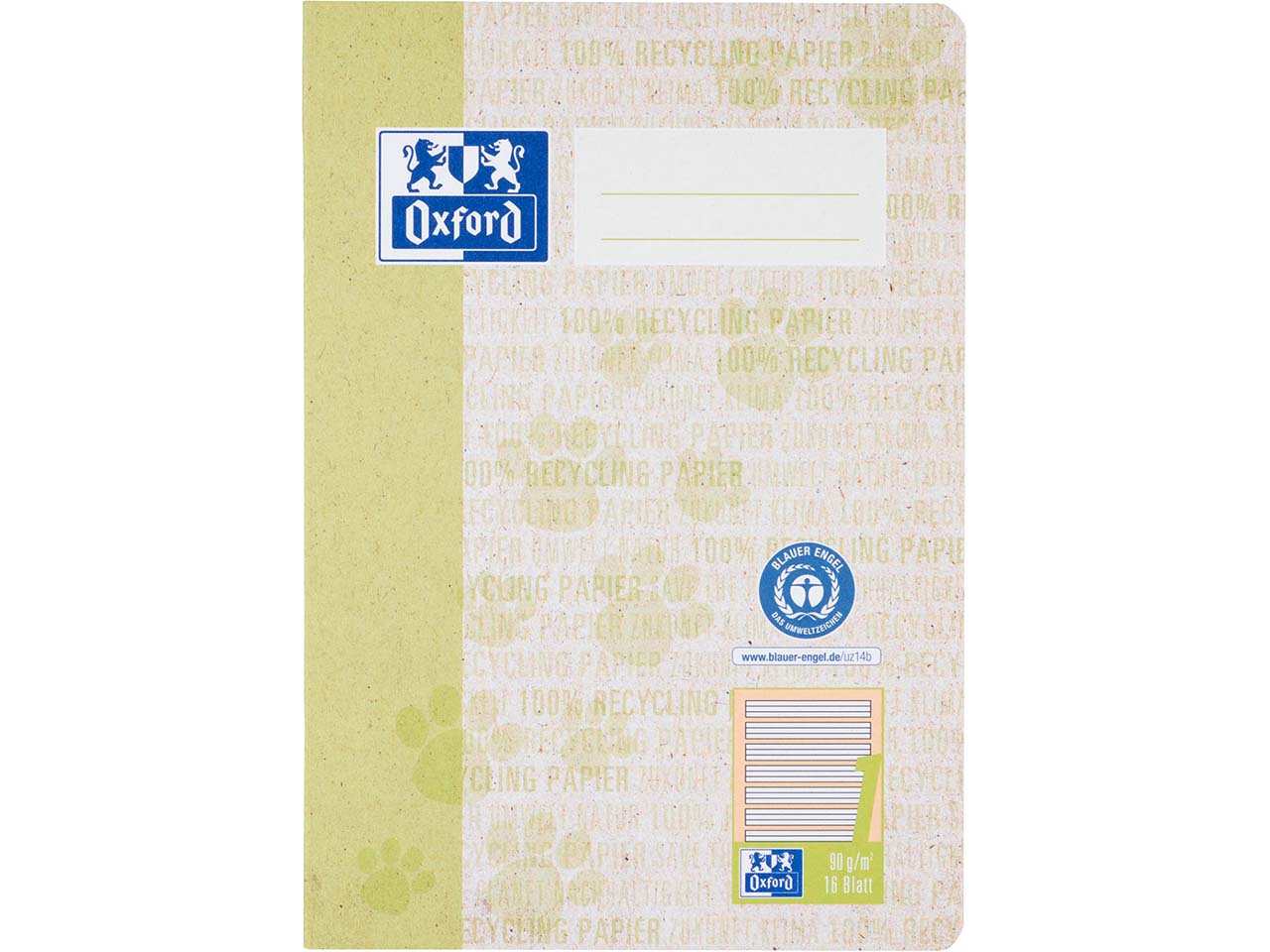 OXFORD Recycling-Schulheft DIN A5, 16 Blatt, Lineatur 1 (Kontrastlineatur), 90 g/m²,