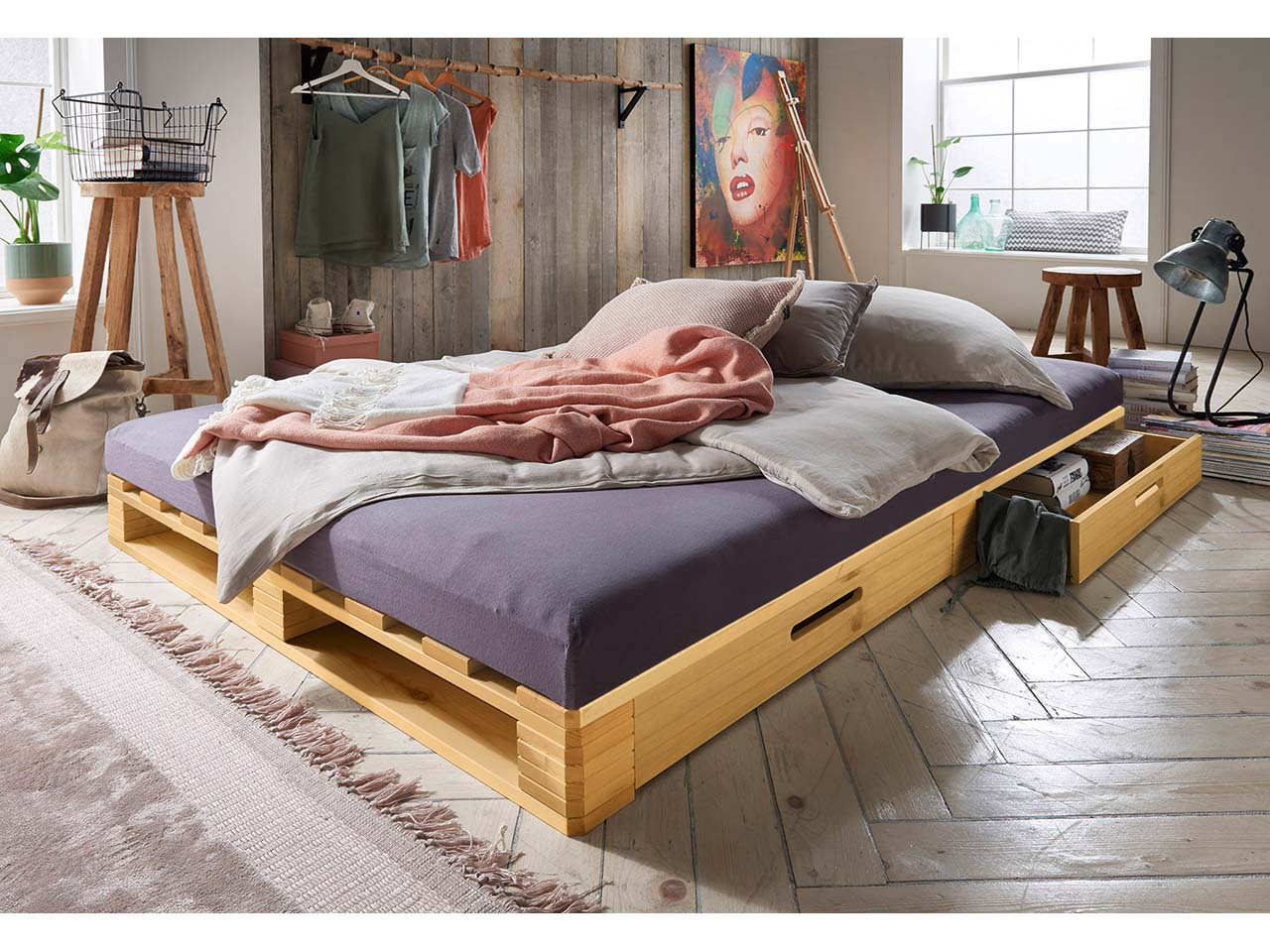 Infantil Palettenbett mit zwei Schubkästen 140 x 200 cm, Kiefer gelaugt
