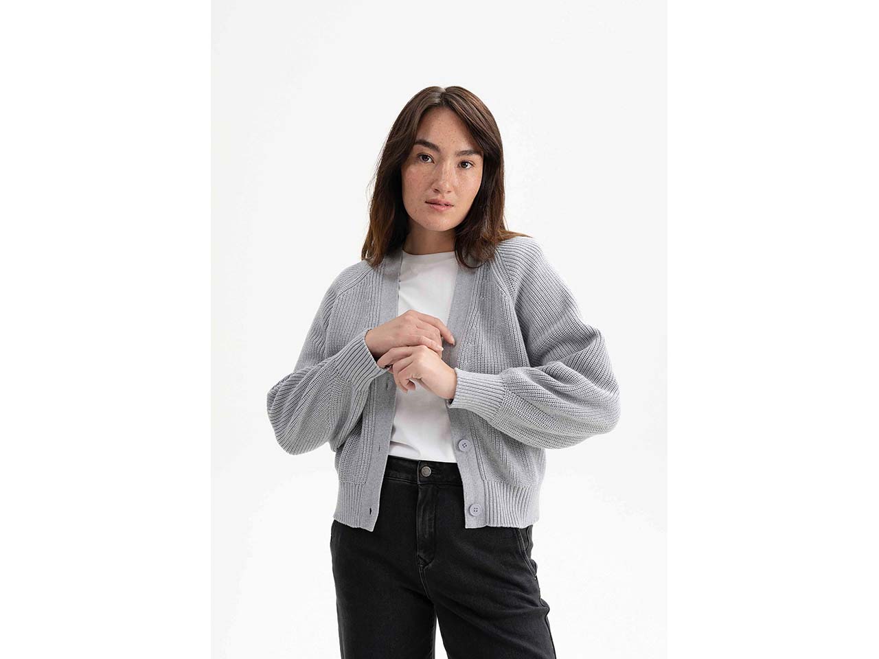 MELA Bio-Damen-Rippstrick-Cardigan 'BHUMA' mit Raglan-Ärmel, grau melange, Gr. S