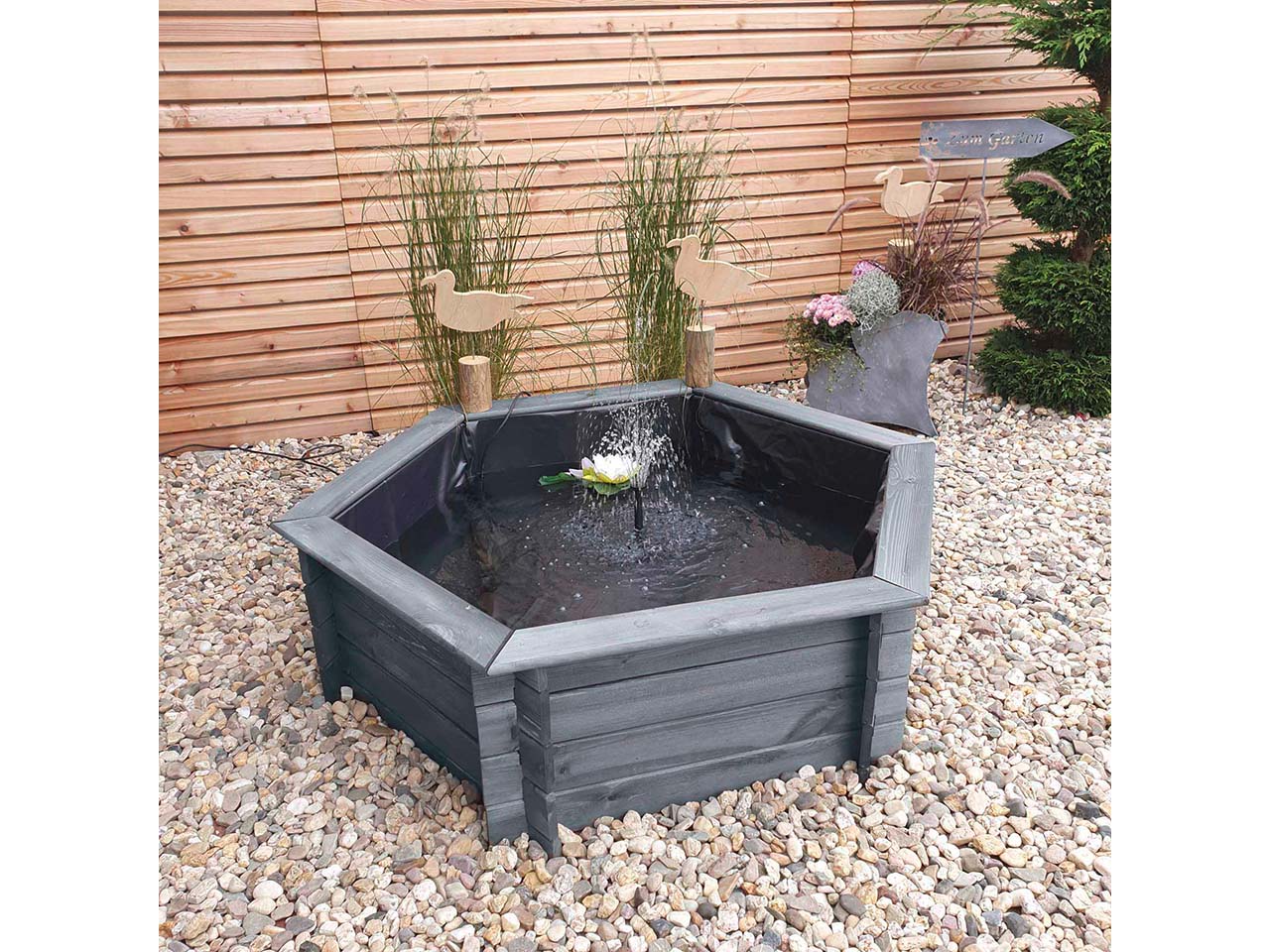 Sechseck-Hochteich 100 cm inkl. Umwälzpumpe und Teichfolie, grau