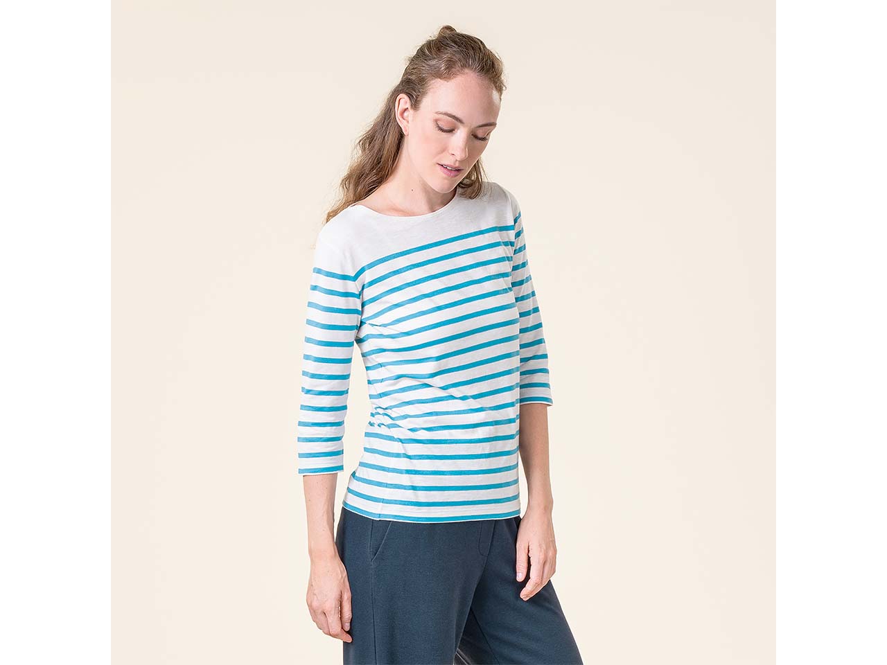 Living Crafts Bio-Damen-Shirt "TUANA" mit 3/4-Ärmel, white/lazy blue, Gr. S