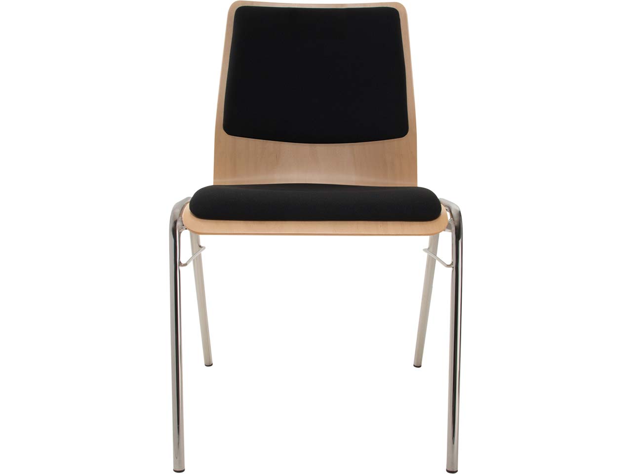 Besucherstuhl "A1" Buche lackiert, Gestell verchr., Steg, Sitz- und Rückenpolster schwarz