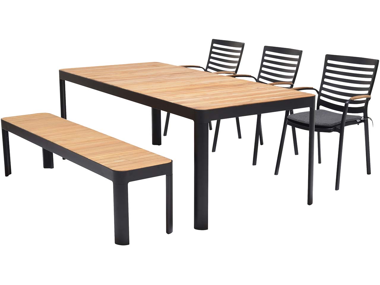 Gartenmöbel-Set "Portals" 3 Stühle, 1 Bank 182, 1 Tisch 209 x 95, schwarz