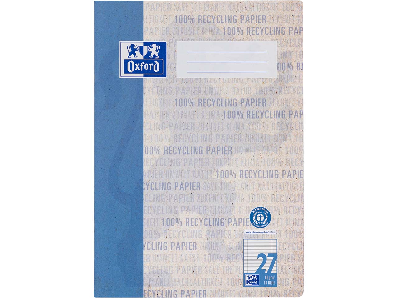 OXFORD Recycling-Schulheft A4, 16 Blatt, Lineatur 27 (lin. m. Rand links + rechts), 90g/m²
