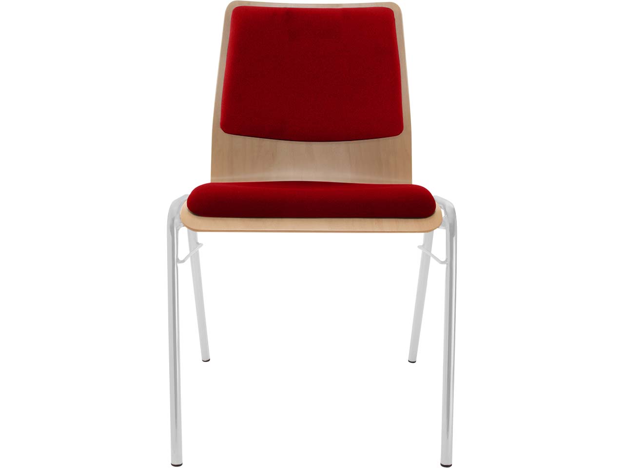 Besucherstuhl "A1" Buche lackiert, Gestell silber, Steg, Sitz- und Rückenpolster rot