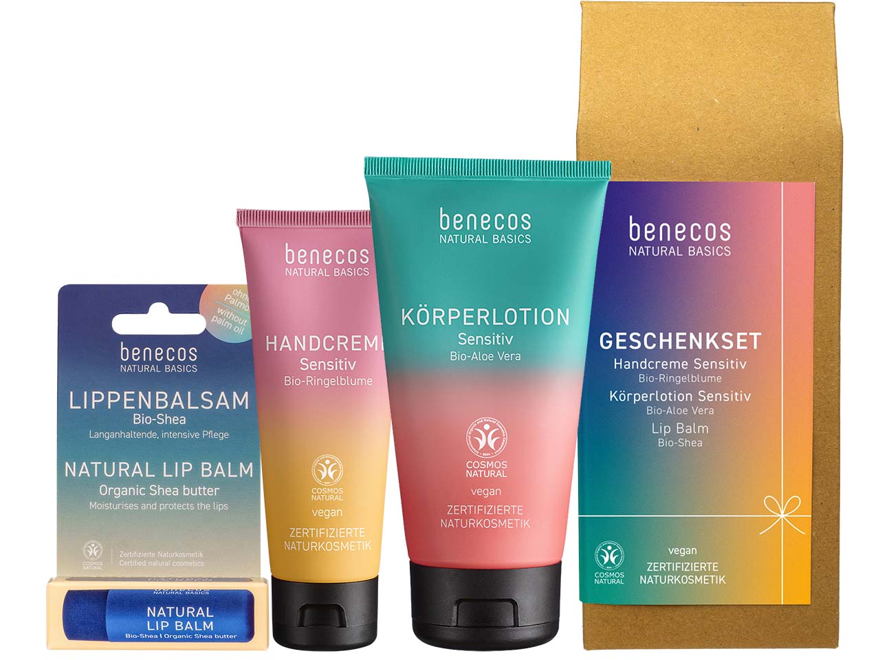 benecos Bio-Geschenkset "Sensitiv" mit Handcreme, Körperlotion und Lipbalm
