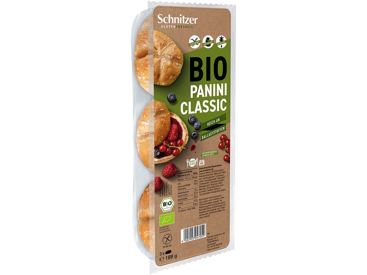 Schnitzer Bio-Brötchen 'Panini Classic', 3er-Pack, glutenfrei, 188 g