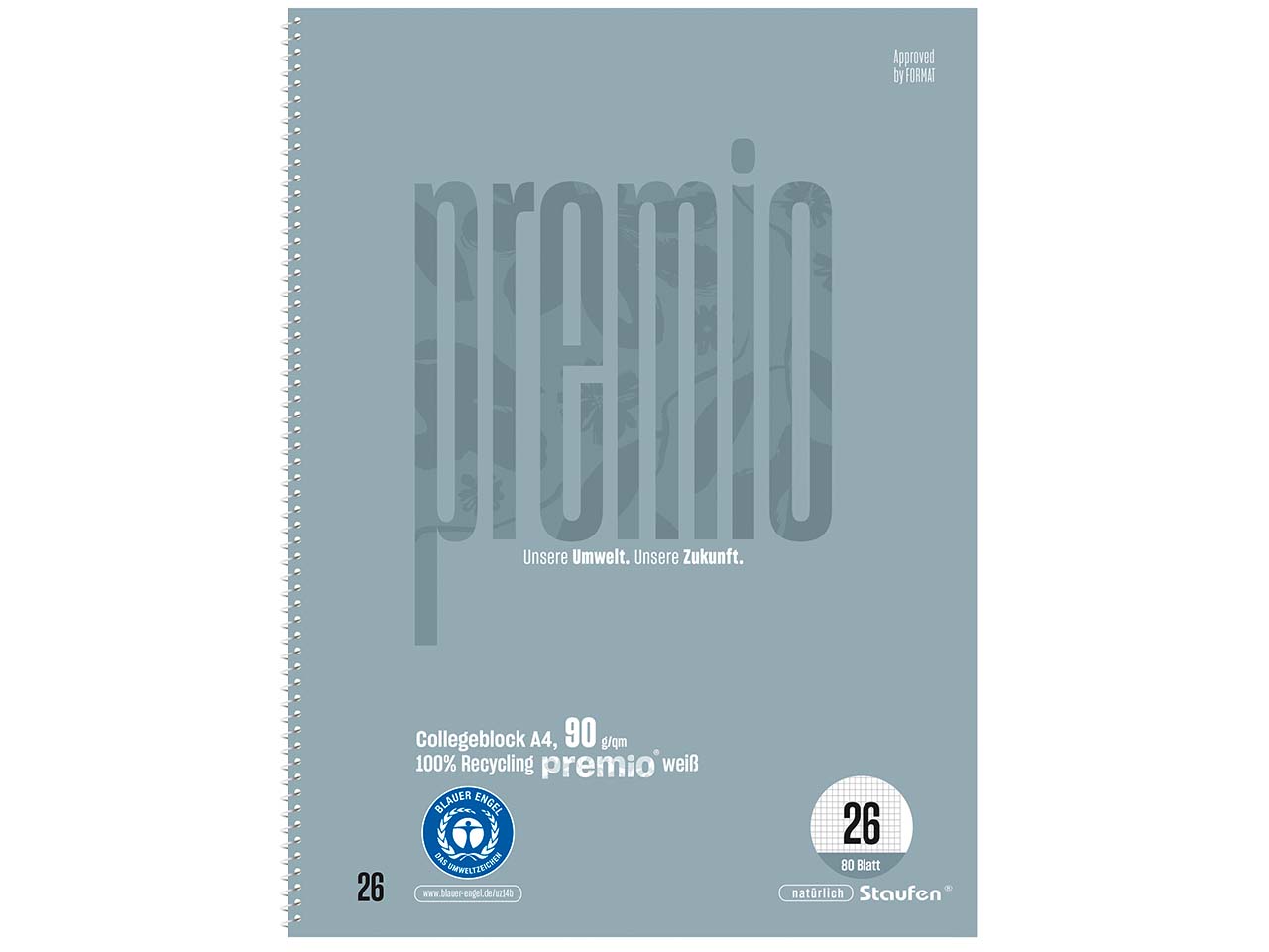 Staufen "Premio" Collegeblock DIN A4 kariert, 80 Blatt, 90 g/m², Lineatur 26