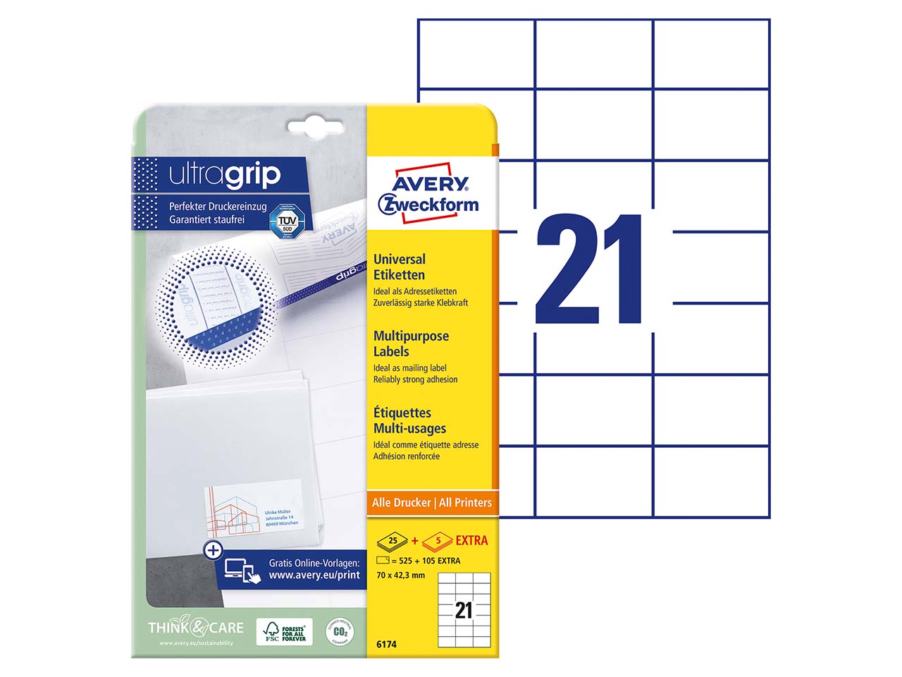 525 Avery Zweckform Universaletiketten 70 x 42,3 mm, A4, permanent