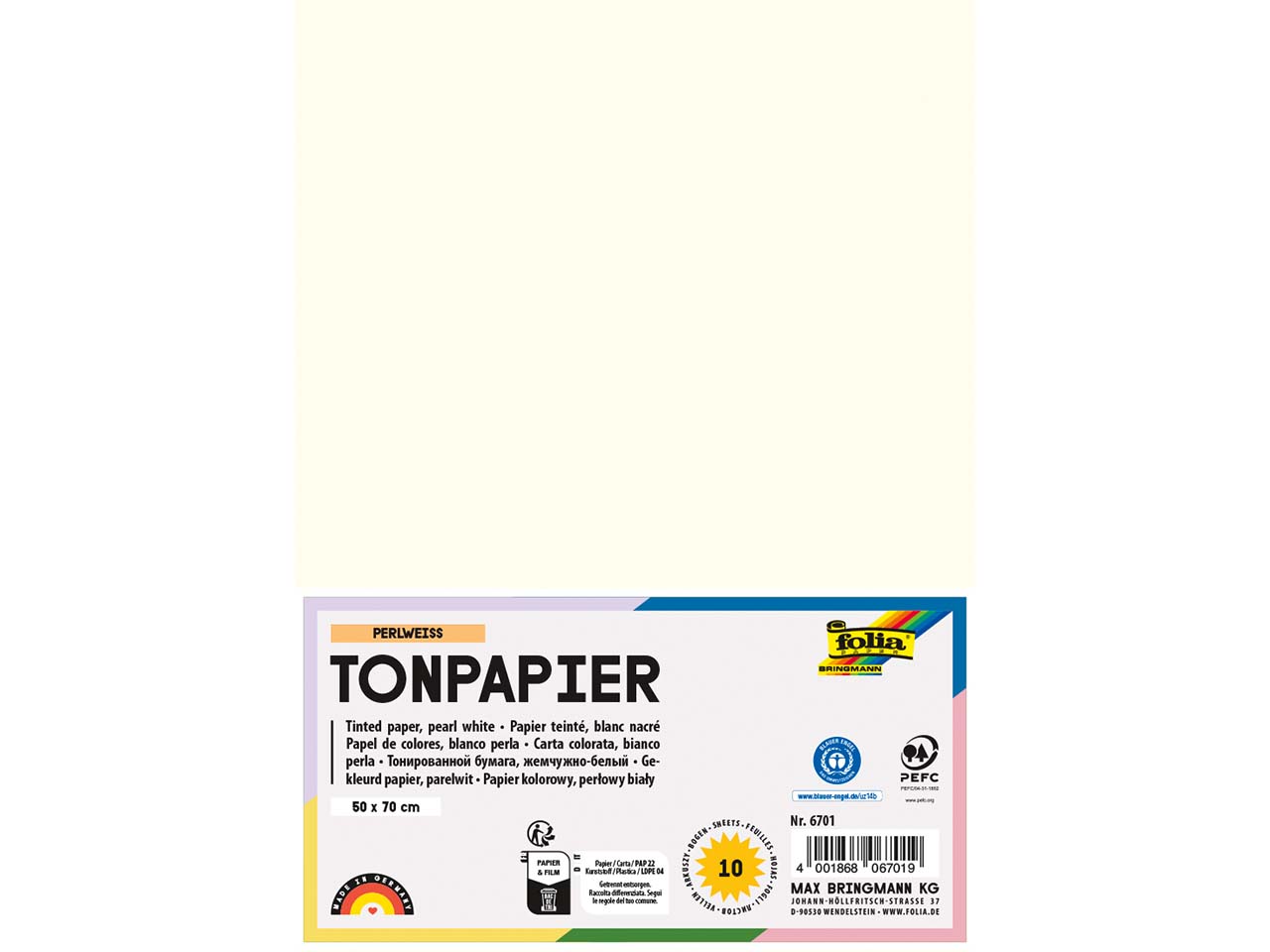 folia Tonpapier, 130 g/m², 50 x 70 cm, 10 Bogen, perlweiß