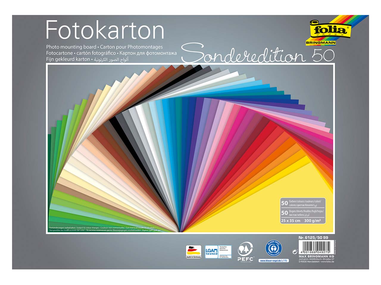 folia Tonpapier, 300 g/m², sortierte Farben, 25 x 35 cm, 50 Bogen