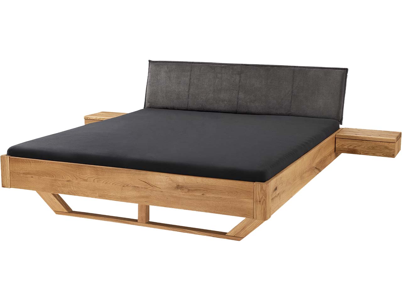 Massivholzbett 'Bolle' mit Holzkufen und Polsterkopfteil, 200 x 200, Wildeiche