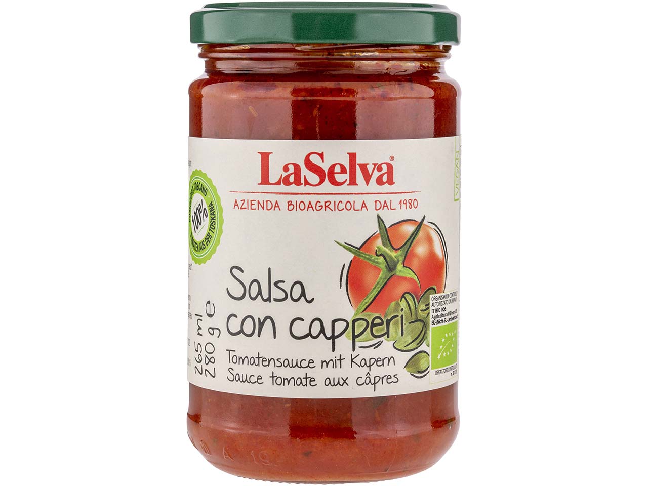 LaSelva Bio-Tomatensauce mit Kapern, 280 g