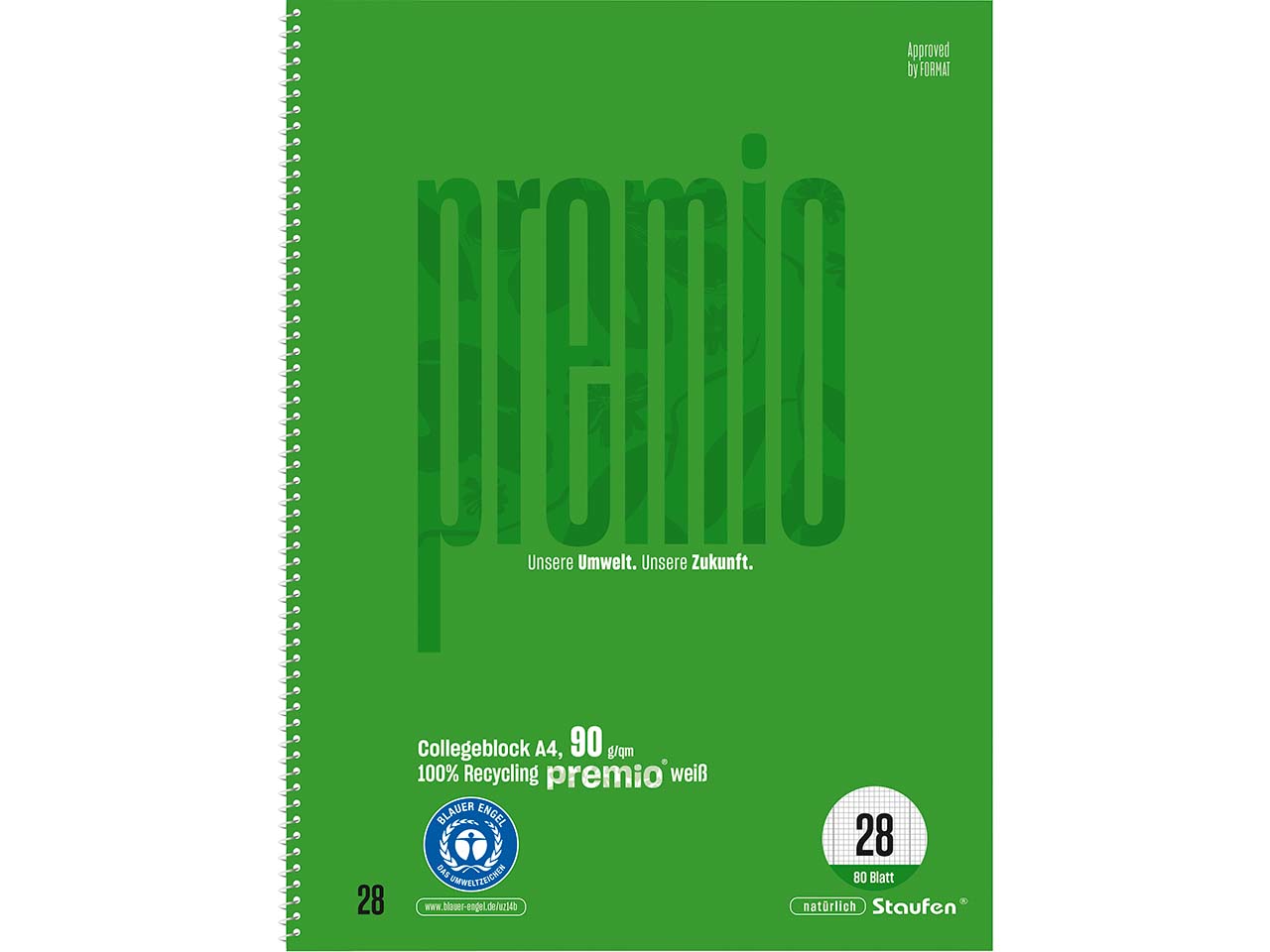 Staufen "Premio" Collegeblock DIN A4 kariert, 80 Blatt, 90 g/m², Lineatur 28