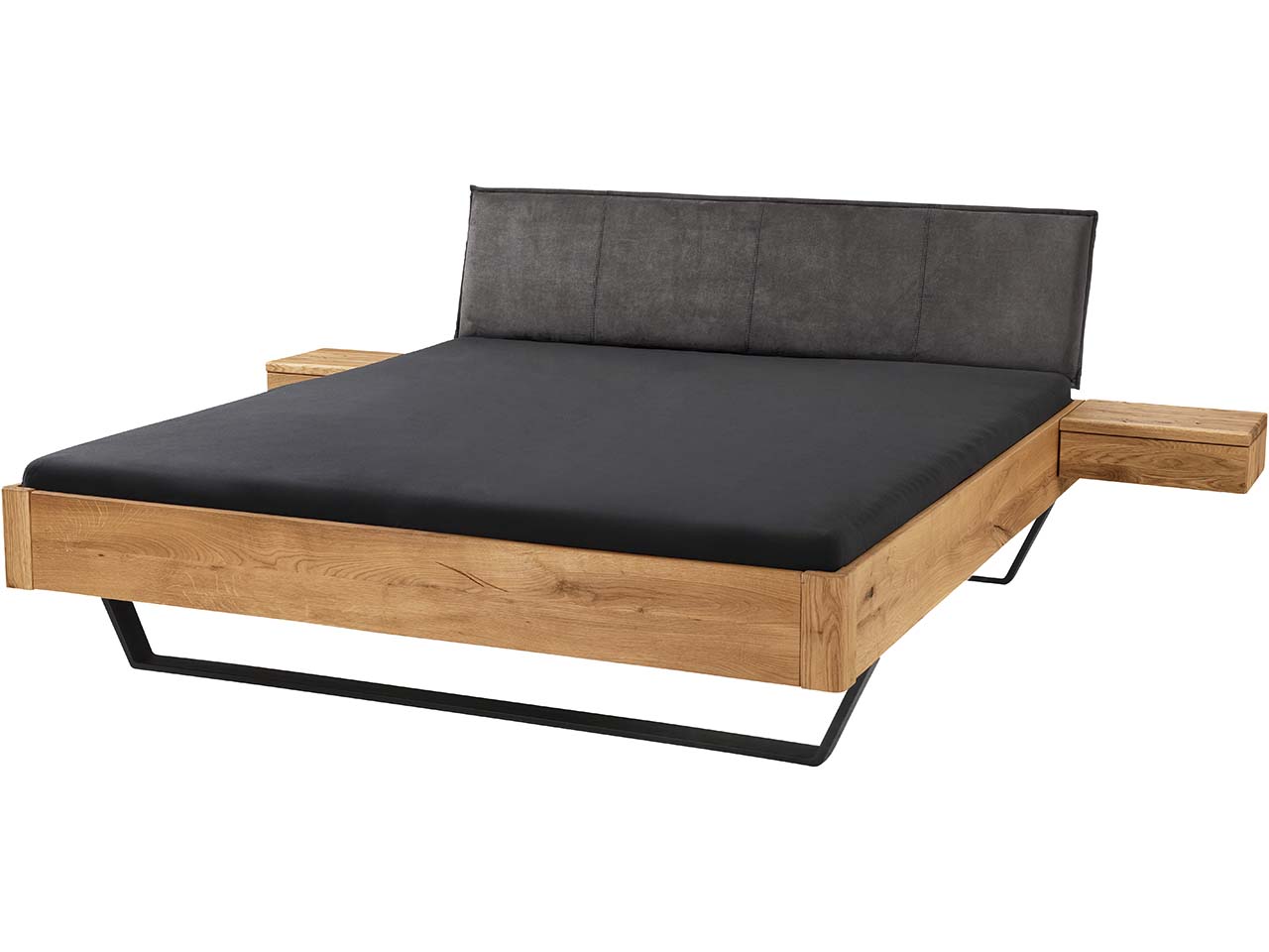 Massivholzbett 'Bolle' mit Metallkufen und Polsterkopfteil, 180 x 200 cm, Wildeiche
