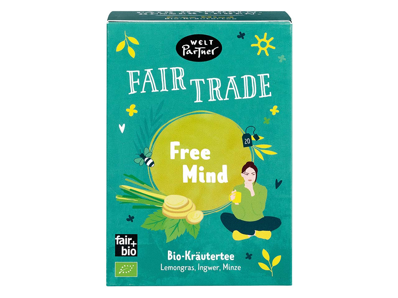 WeltPartner Bio-Kräutertee "Free Mind Ingwer-Lemongras mit Minze", 20 Stk.
