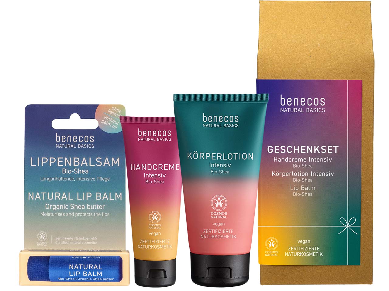 benecos Bio-Geschenkset "Intensiv" mit Handcreme, Körperlotion und Lipbalm