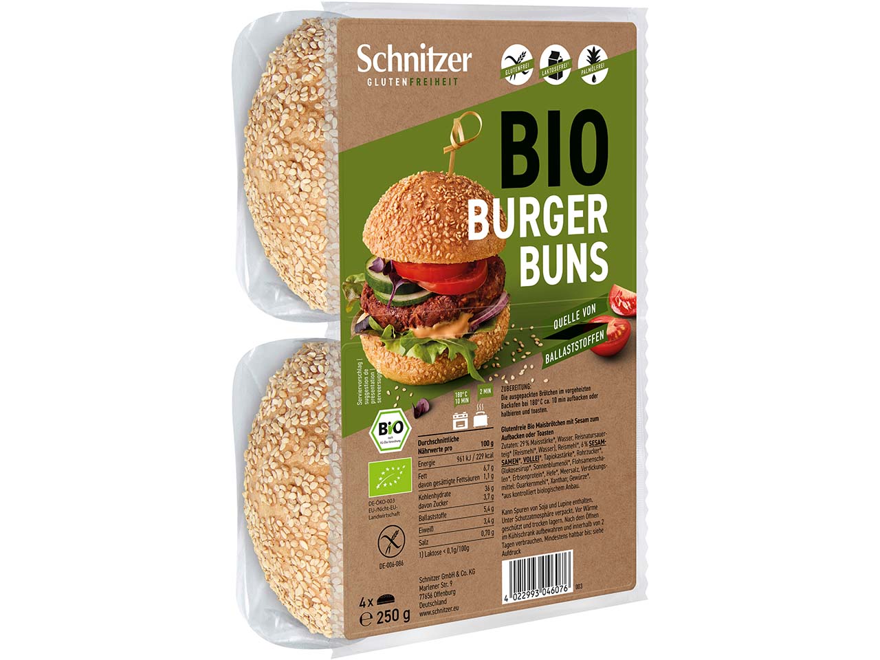 Schnitzer Bio-Burgerbrötchen zum Aufbacken, 4er-Pack, glutenfrei, 250 g