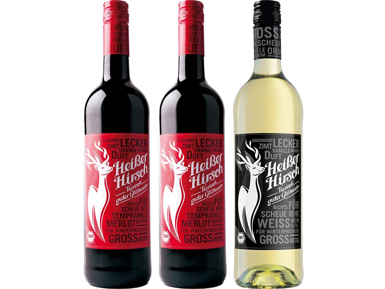 Heißer Hirsch Bio-Glühweinpaket, 2 x rot, 1 x weiß, je 0,75 l