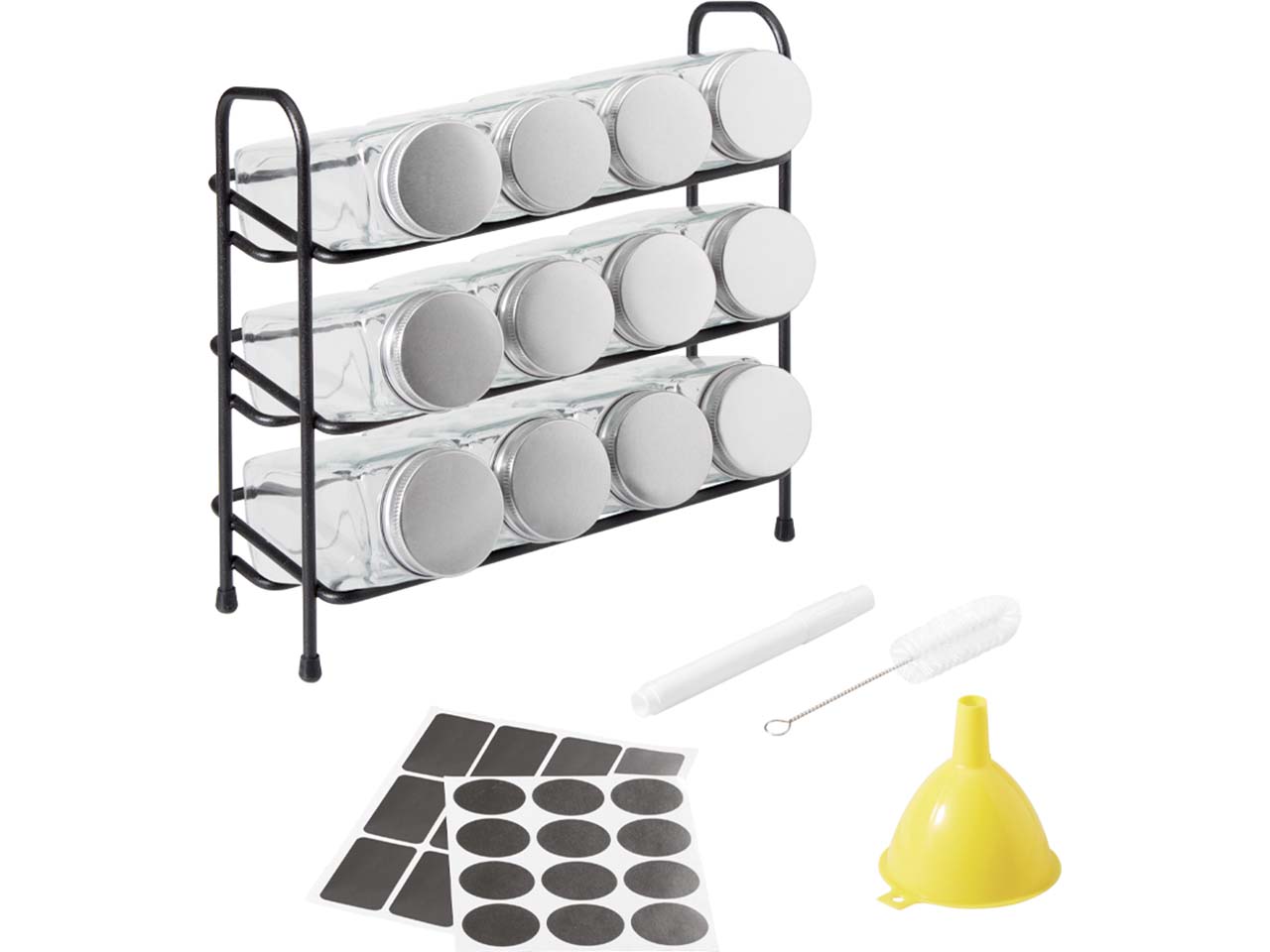 Metaltex Gewürzregal-Set mit 12 Gewürzgläsern und Beschriftungszubehör