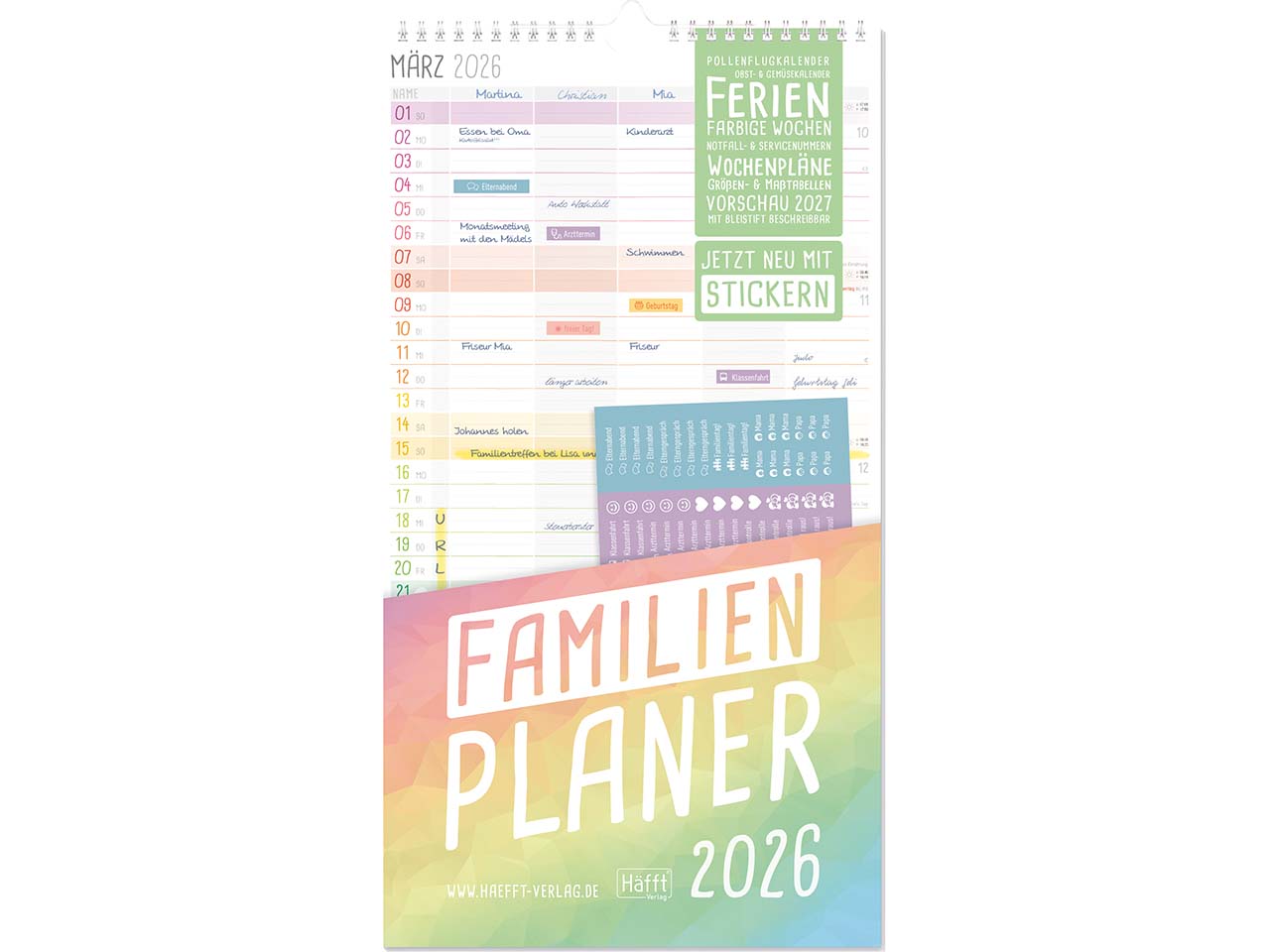 Häfft Familienplaner 2026, Wandkalender 5-spaltig, 12 Monate, Rainbow