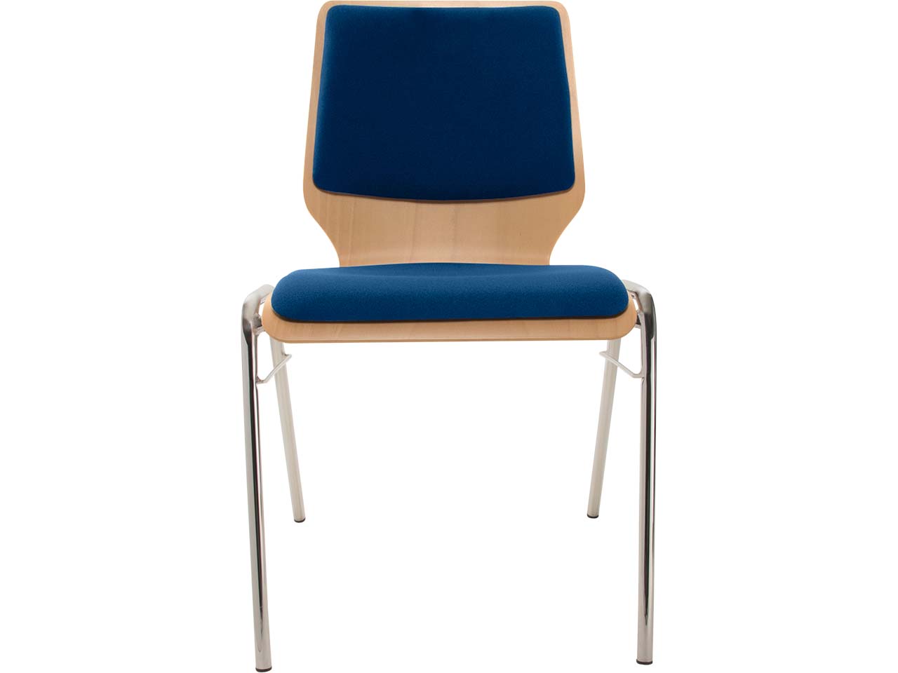 Besucherstuhl "A2" Buche lackiert, Gestell verchr., Steg, Sitz- und Rückenpolster blau