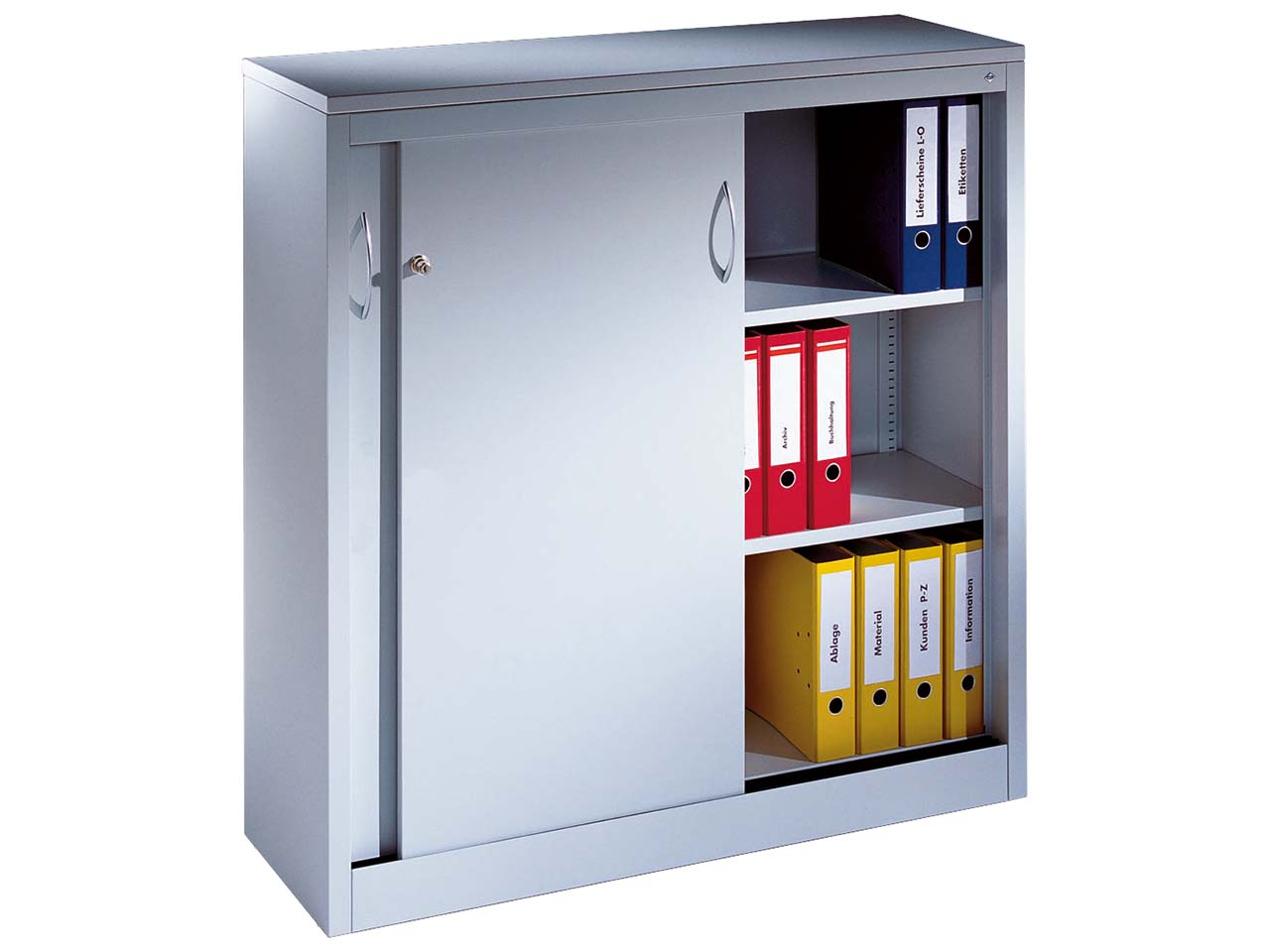 Schiebetürenschrank aus Stahl 120 cm breit lichtgrau  T 40  H 120