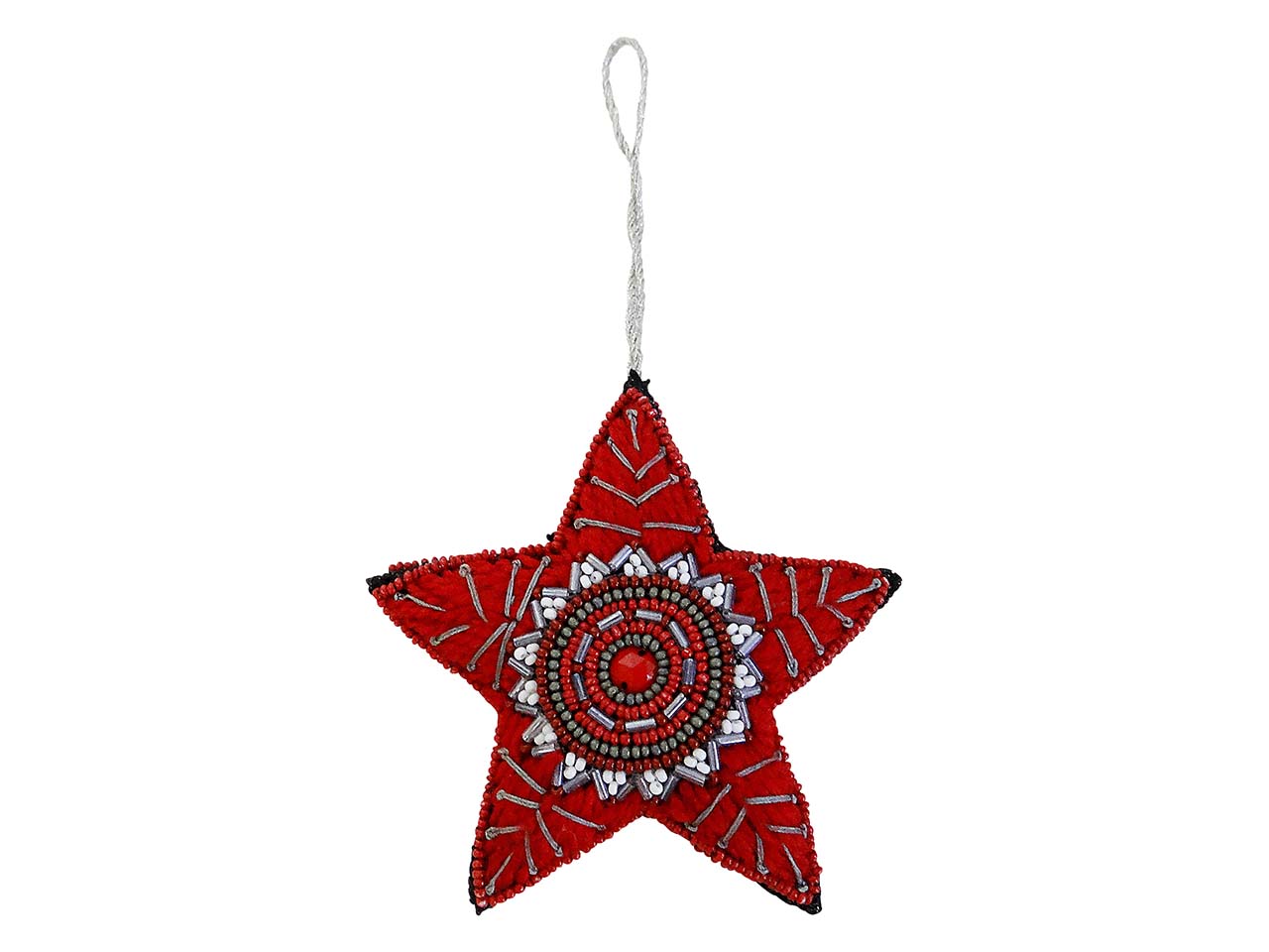 Weltpartner Dekoanhänger "Stern" aus Baumwolle bestickt mit roten und silbernen Glasperlen