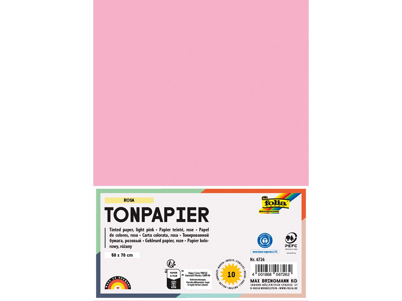 folia Tonpapier, 130 g/m², 50 x 70 cm, 10 Bogen, rosa