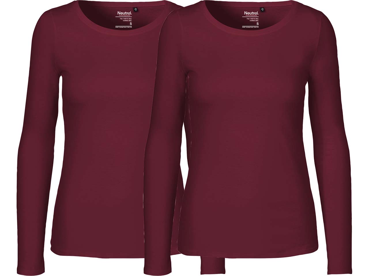 Neutral 2er-Pack Bio-Damen-Langarmshirt mit Rundhalsausschnitt, bordeaux, Gr. S