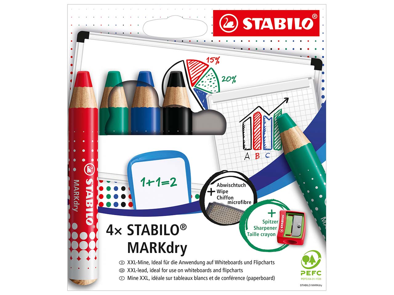 STABILO Trockenmarker "MARKdry" für Whiteboards und Flipcharts, 4er-Set